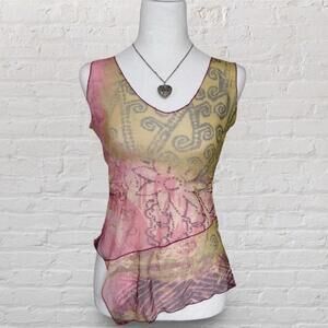 y2k euro asymmetrical micro mesh animal print floral top